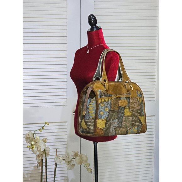 Vintage French Company Patchwork Suede Leather Travel Handbag Sz L 2710 - Picture 2 of 16